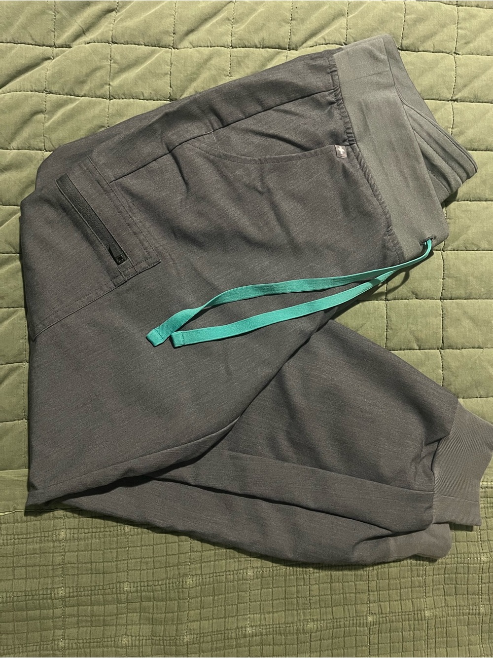 FIGS Zamora Jogger Scrub Pants in Heather Denim / Dark Heather Slate with a Teal